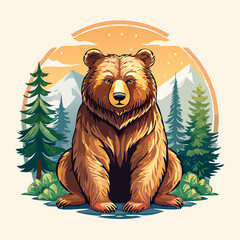 Majestic Brown Bear Sitting in a Forest Landscape Illustration