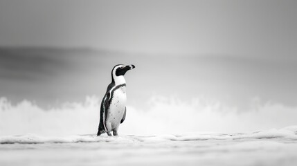 Obraz premium A penguin standing on a beach with waves crashing behind it