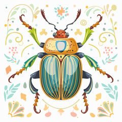 Ornate Beetle Illustration with Floral and Geometric Elements