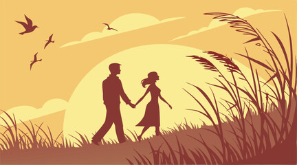 Silhouette of Romantic Couple in Tall Grass Field at Sunset with Birds Flying – Dreamy Love Concept