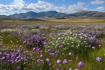 Field of Purple and White Flowers Blooming in California Landscape Under Blue Sky Wide Angle View