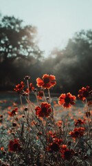 Field of Red Coreopsis Flowers Blooming in Sunlight at Dusk Low Angle Close Up Shot in Nature