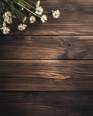 Fototapeta premium Daisies on Wood Background Flat Lay Overhead View with Copy Space Rustic Style Dark Brown Backdrop
