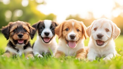 Puppy Power: Four adorable puppies with happy smiles and wagging tails sit side-by-side on a lush green lawn, bathed in the golden light of the setting sun.