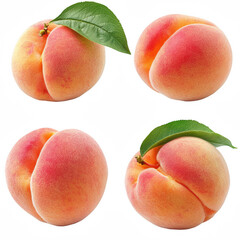 Collection of Fresh Ripe Peaches with Green Leaf Isolated on Transparent Background
