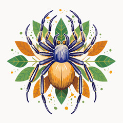 Stylized Spider with Leaves Illustration on Transparent Background