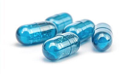 Close-up of five vibrant blue capsules