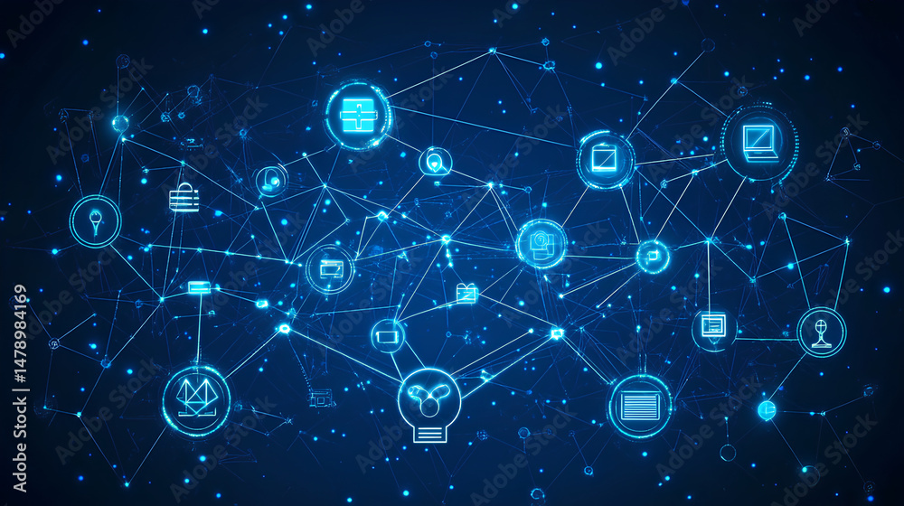 Wall mural social network technologies concept with digital graphic user symbols connected by lines on abstract