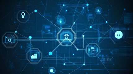 Social network technologies concept with digital graphic user symbols connected by lines on abstract dark blue background