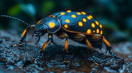 Fototapeta premium Close-up of a dark blue beetle with bright yellow spots on a dark, wet surface.