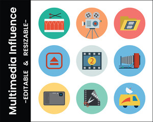 Flat Design Multimedia Icons Set Featuring Film Music Photography And Communication