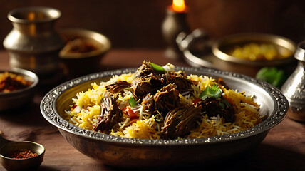 Delicious Indian Biryani Dish with Rice and Meat Served in a Traditional Bowl