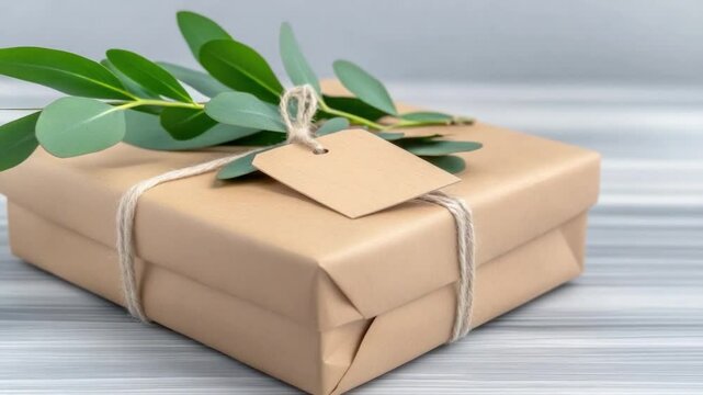 Gift of Elegance: A beautifully wrapped present, adorned with a delicate sprig of leaves, embodies the essence of thoughtful gifting and understated luxury.