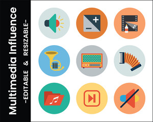 Flat Design Multimedia Icon Set With Music,Video,And Audio Elements Collection