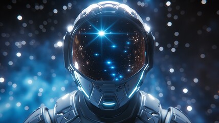 Cosmic nomad exploring the vastness of space with a shimmering helmet reflecting the starlit universe