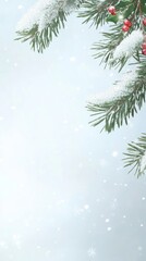Snow Covered Pine Branches with Red Berries and Holly on Light Blue Background Winter Holiday Season