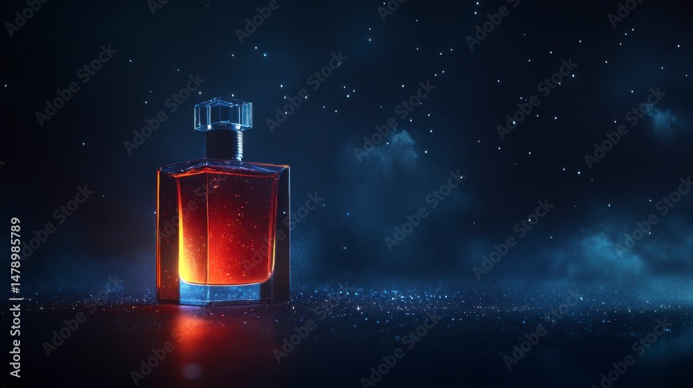 Poster amber perfume bottle on dark background with glowing particles.