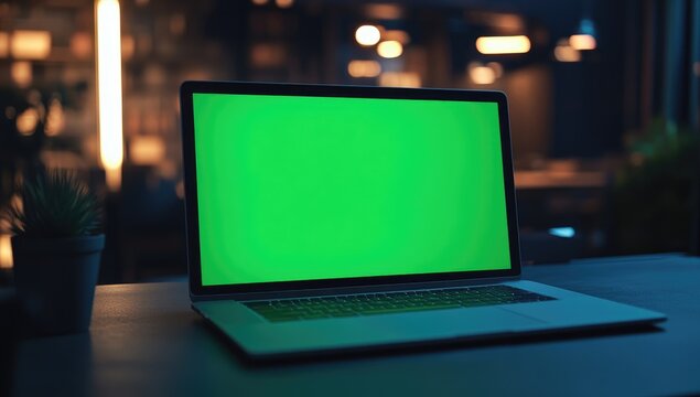 Laptop with blank green screen in a cafe