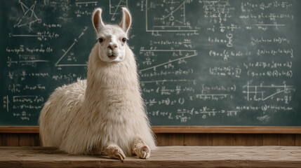 Llama in the Classroom: An adorable white llama with fluffy fur sits calmly on a wooden desk in front of a chalkboard covered in mathematical equations, creating a surreal and humorous scene.