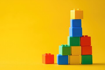 Colorful building blocks stacked in a unique formation against a vibrant yellow background