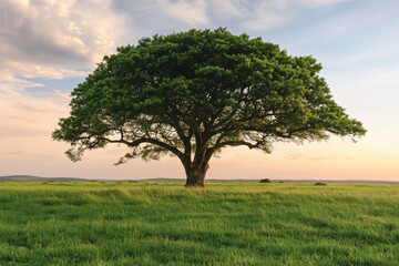 Fototapeta premium Big tree standing alone in a field against sun set sky background. Landscaped image.