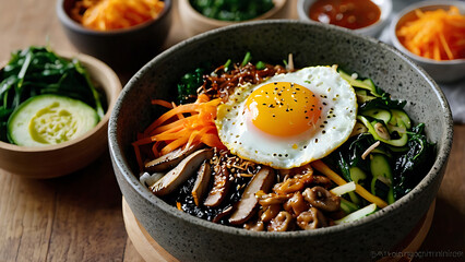Delicious Korean Bibimbap Bowl with a Fried Egg, Colorful Vegetables, and Sauce