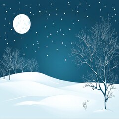 Naklejka premium Winter night landscape with full moon and snow covered hills and bare trees in a vector illustration style