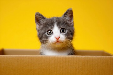 Cute Kitten in Cardboard Box on Yellow Background
