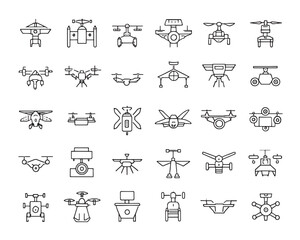 Aerial drone vector icon set in clean outline line art