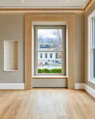Modern interior featuring large window and view of historical building in daylight