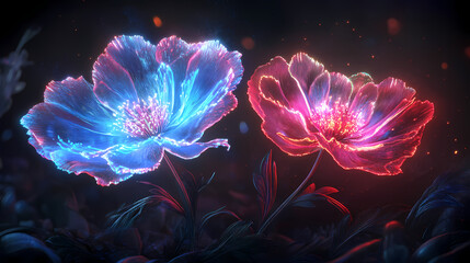 Two luminous flowers with pink and blue hues glow against a dark background creating a modern and enchanting botanical scene. [Silicon Wilderness] | Neon Bloom | electric flora. Illustration