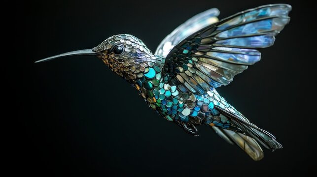 A mesmerizing hummingbird sculpture crafted from shimmering, multicolored mosaic tiles, set against a stark black backdrop, showcasing intricate detail and vibrant hues.
