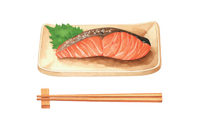 焼き鮭とお箸の水彩風イラストセット　生成AI
