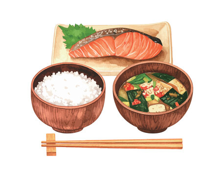 白米とお味噌汁、焼き鮭の定食イラスト　生成AI