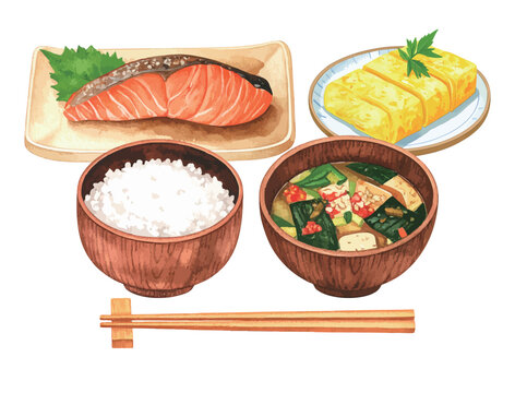 ご飯とお味噌汁、焼き鮭とだし巻き卵の定食イラスト　生成AI