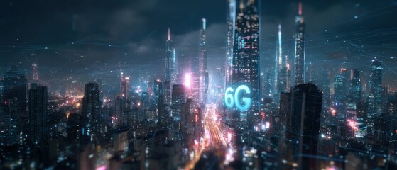 Futuristic city at night with glowing 6 g network lines