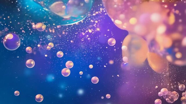 Floating oil droplets in shimmering purple liquid with glowing particles. Concept of surreal beauty and microcosmic motion