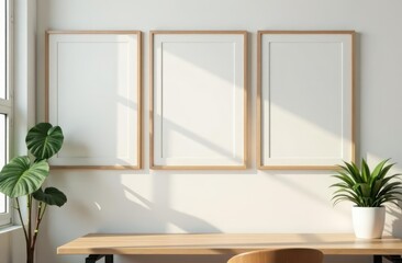 Mock-up of a working area, table with three picture frames, with plants on a sunny day, cozy, minimalistic aesthetic