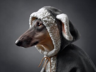 Naklejka premium Elegant Borzoi dog portrait in hooded cloak, studio shot, looking left, dramatic lighting, gray background, regal