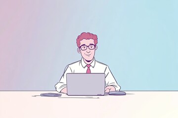 Smiling businessman working on a laptop.