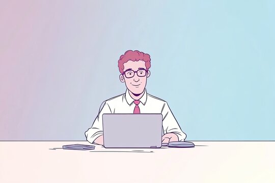 Smiling businessman working on a laptop.