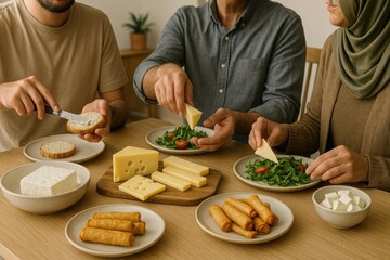 Diverse breakfast with cheese.