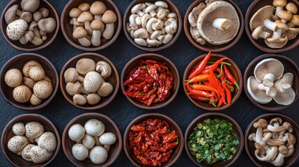 Varied Mushrooms and Bright Red Chili Peppers Displayed in Rustic Wooden Bowls on Dark Textured Background Offering a Culinary Still Life