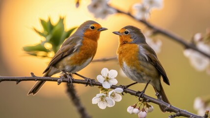 Fototapeta premium Pair of robins perched among spring blossoms with soft evening light