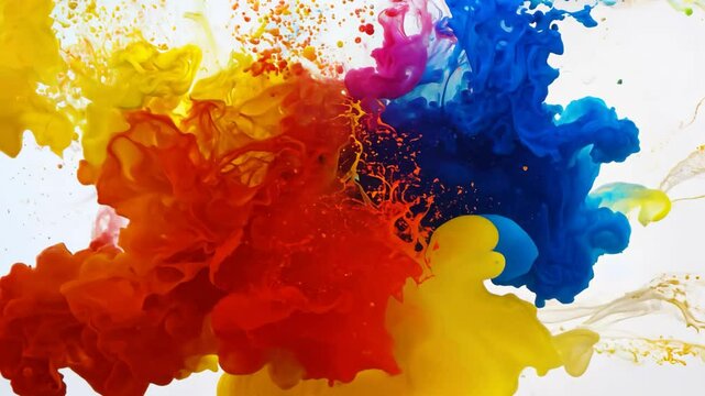 Red, yellow and blue paints explosively mixing in liquid motion with splashes and swirls. Concept of color explosion and creative fusion