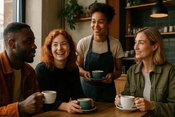 Diverse friends enjoying coffee together.