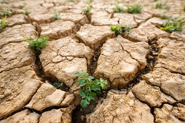Cracked dry earth texture  long title Cracked parched earth texture with signs of sparse vegetation and environmental damage highlighting the effects