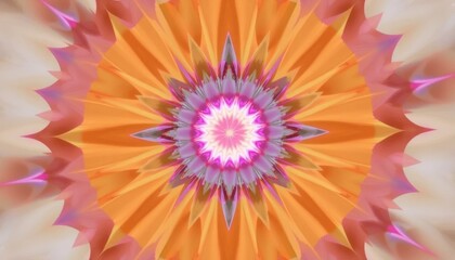 Ethereal kaleidoscope of orange, pink and lavender hues, evoking feelings of warmth, joy, and spiritual tranquility through intricate fractal patterns