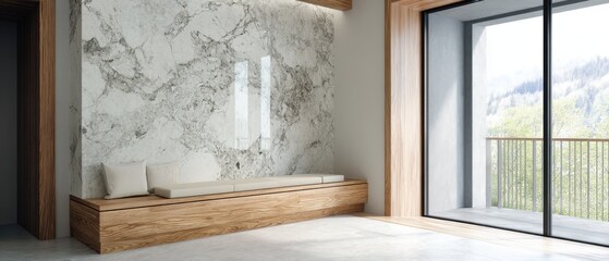 Modern Interior Design with Marble Wall and Wooden Bench Seat Overlooking Mountain View from Balcony