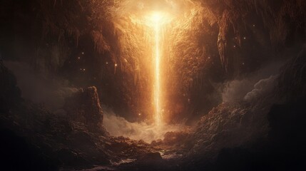 Obraz premium Glowing beam of light shines from a deep cavern, illuminating rocky walls and misty ground.